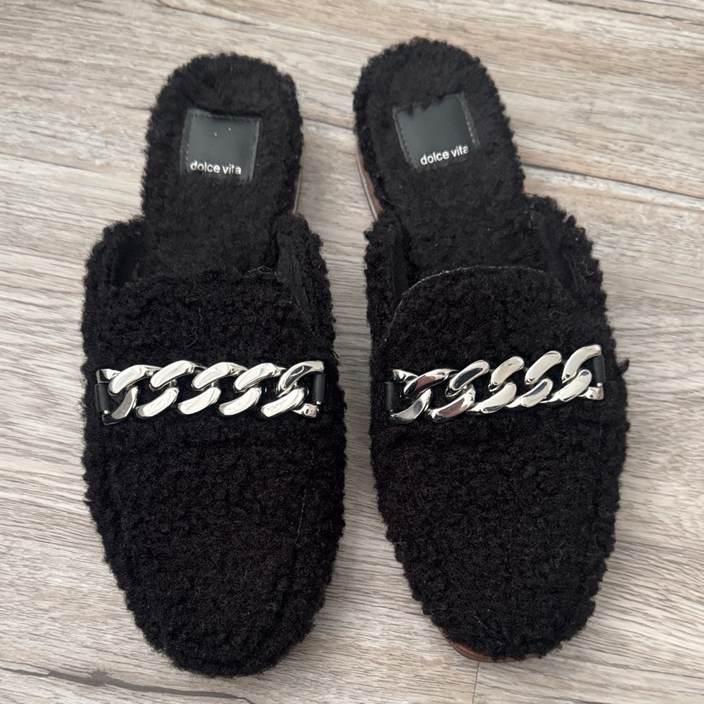 Dolce Vita Black Textured Mules with Silver Chain